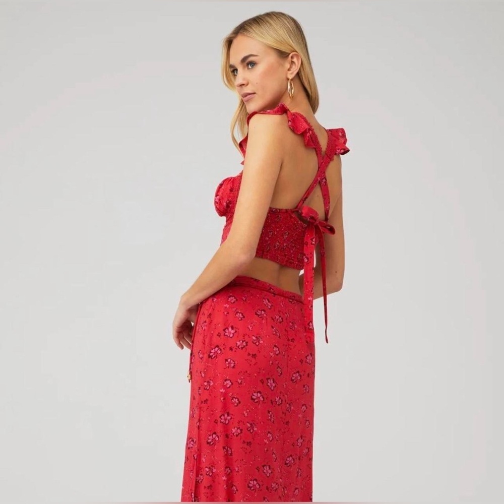 Free People Bijou 2pc Set Size 4 Cherry Red Floral Skirt Crop Top Colorful Fairy - Picture 2 of 7